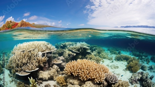 Wallpaper Mural A splitscreen image of a coral reef before and after a bleaching event. On the left, a thriving coral reef teeming with diverse marine life. On the right, a barren and desolate reef, with Torontodigital.ca