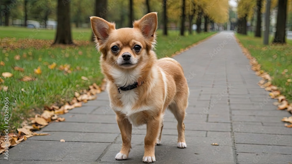 Fawn long coat chihuahua dog walking in the park Fawn long coat chihuahua dog walking in the park
