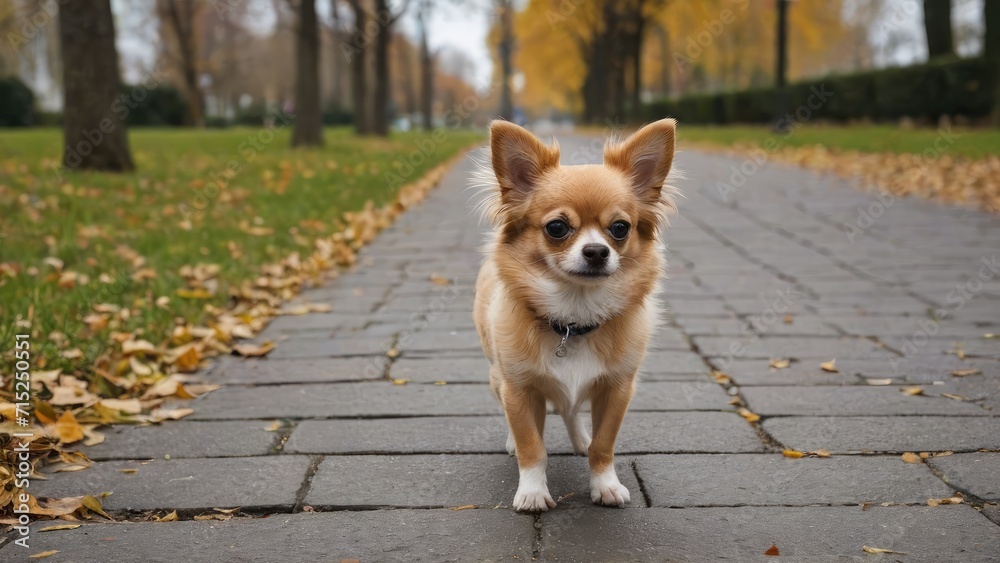 Fawn long coat chihuahua dog walking in the park