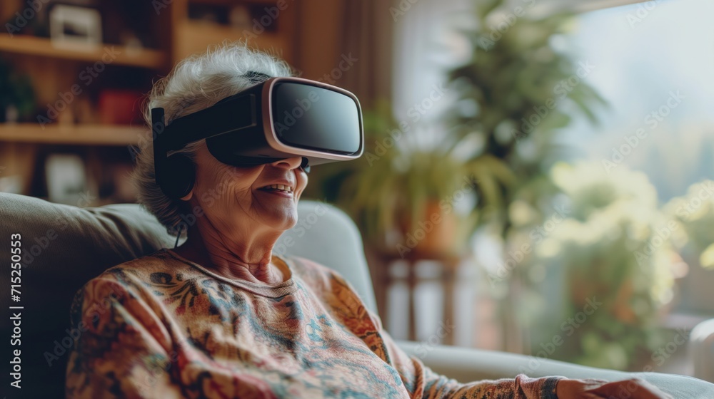 Exploring New Worlds: Senior Woman Experiencing Virtual Reality at Home. AI Generative.