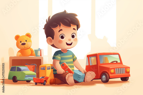 A happy child is playing with toys in his room on the floor  the child has different colored toys  a bear  a car. Generate Ai