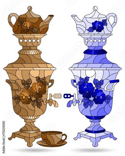 Set of illustrations in the style of stained glass with a Russian samovars and teapots, dishes isolated on a white background, tone blue and brown