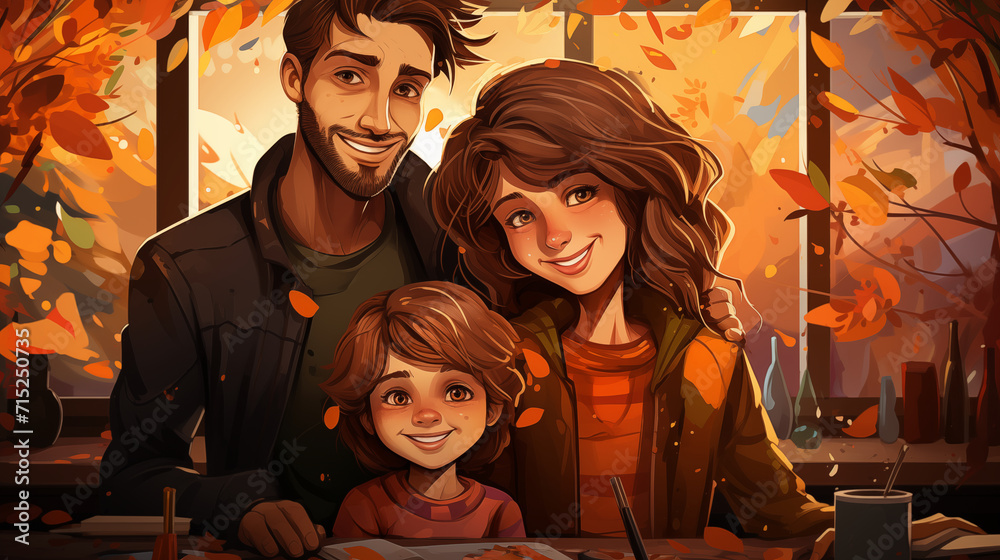 Happy family dad mom mom and daughter together, family portrait, illustration. Generate Ai