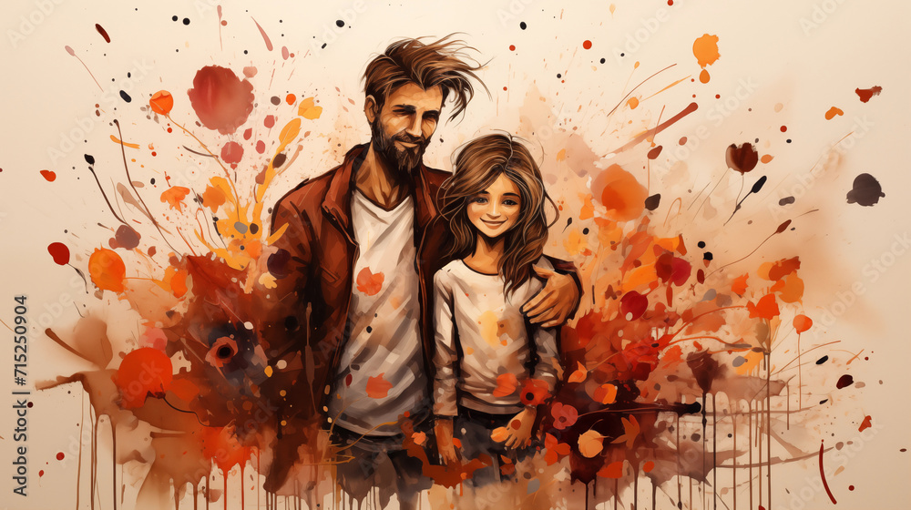 Happy family father and daughter together, family portrait, illustration. Generate Ai