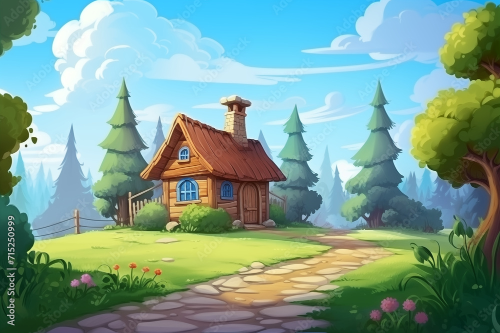 House in the countryside next to big tree, cartoon style. Generate Ai