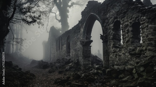 The fog cloaks the ruins, shrouding them in a veil of obscurity and intrigue, as if they hold secrets that are meant to remain hidden.