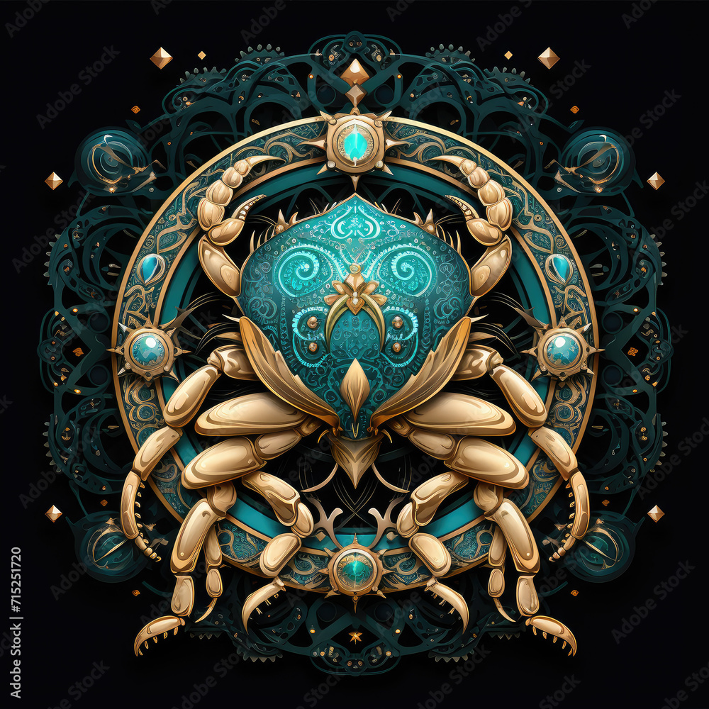 Cancer crab image in the form of cosmic symbolism. Deep gold and teal Detailed face, mirror, dark and complex, heavenly, Velvia, black background, sticker design, emblem. Cancer crab image in the form of cosmic symbolism. Deep gold and teal Detailed face, mirror, dark and complex, heavenly, Velvia, black background, sticker design, emblem.