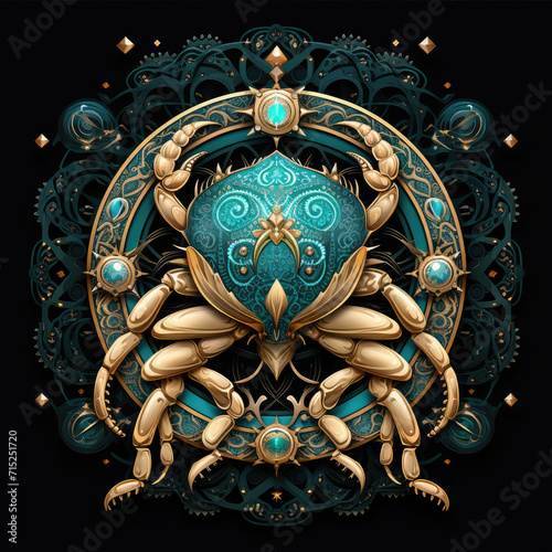 Cancer crab image in the form of cosmic symbolism. Deep gold and teal Detailed face, mirror, dark and complex, heavenly, Velvia, black background, sticker design, emblem.