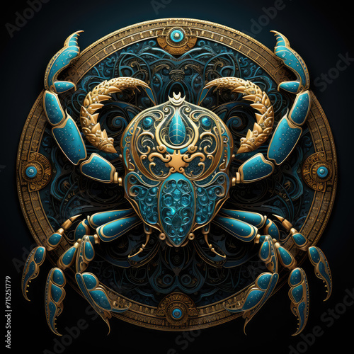 Cancer crab image in the form of cosmic symbolism. Deep gold and teal Detailed face, mirror, dark and complex, heavenly, Velvia, black background, sticker design, emblem.