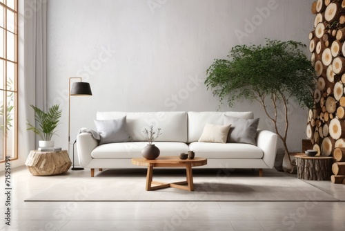 Interior home design of living room with white sofa and wooden slab tree logs decoration