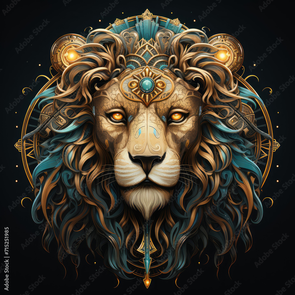 Leo lion head in the form of a cosmic symbol. Deep gold and teal Detailed face, mirror, dark and complex, heavenly, Velvia, black background, sticker design, emblem.
