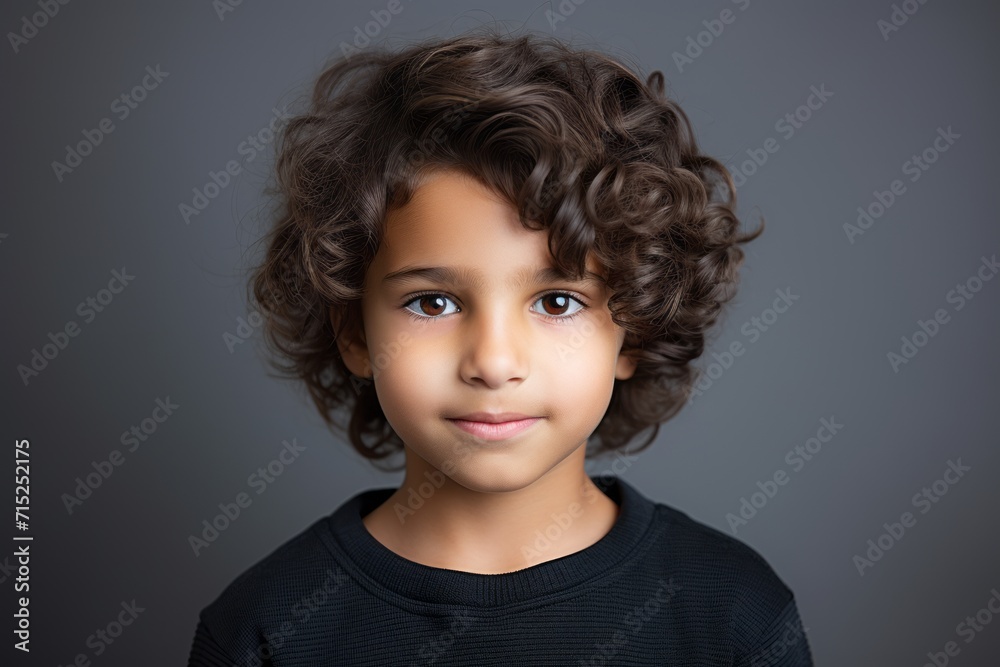 Portrait of a cute little boy with curly hair against grey background
