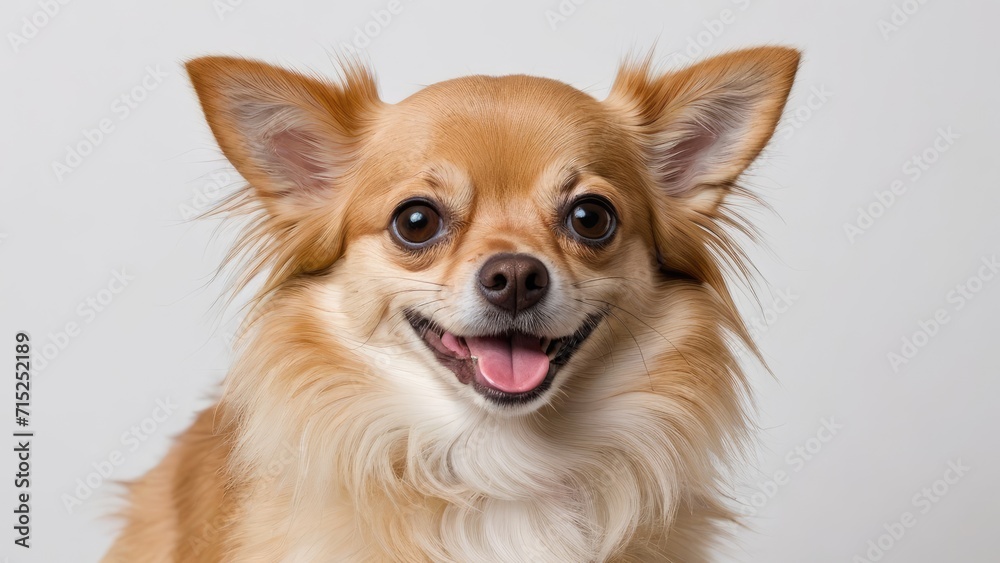 Portrait of Fawn long coat chihuahua dog on grey background Portrait of Fawn long coat chihuahua dog on grey background