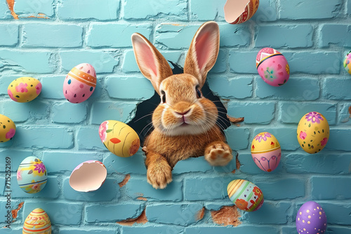 Beautiful celebration easter decorated bunny rabbit with paws out breakthrough 3d wall holiday easter eggs background. photo