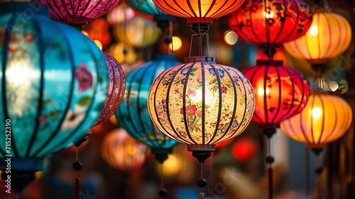Close shot of a handmade glowing silk lanterns in night hanging in store for sell for Chinese new year with a copy space  Generative AI.