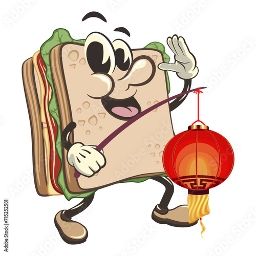 vector illustration of cute sandwich character mascot carrying a traditional chinese lantern, work of handmade