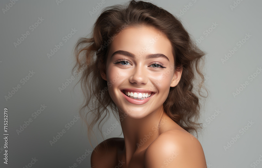 Photo of beautiful face of young adult woman with fresh, clean skin isolated on white