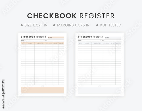 Printable Blank Checkbook Register Planner Template Letter Size Bank Account Transaction Record Notebook