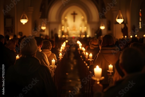 Individuals in prayerful vigil, with the glow of candles illuminating their faces in a serene religious setting