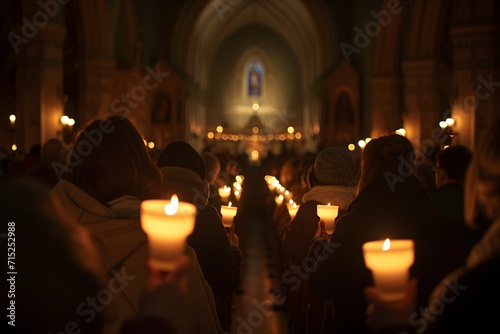 Individuals in prayerful vigil, with the glow of candles illuminating their faces in a serene religious setting