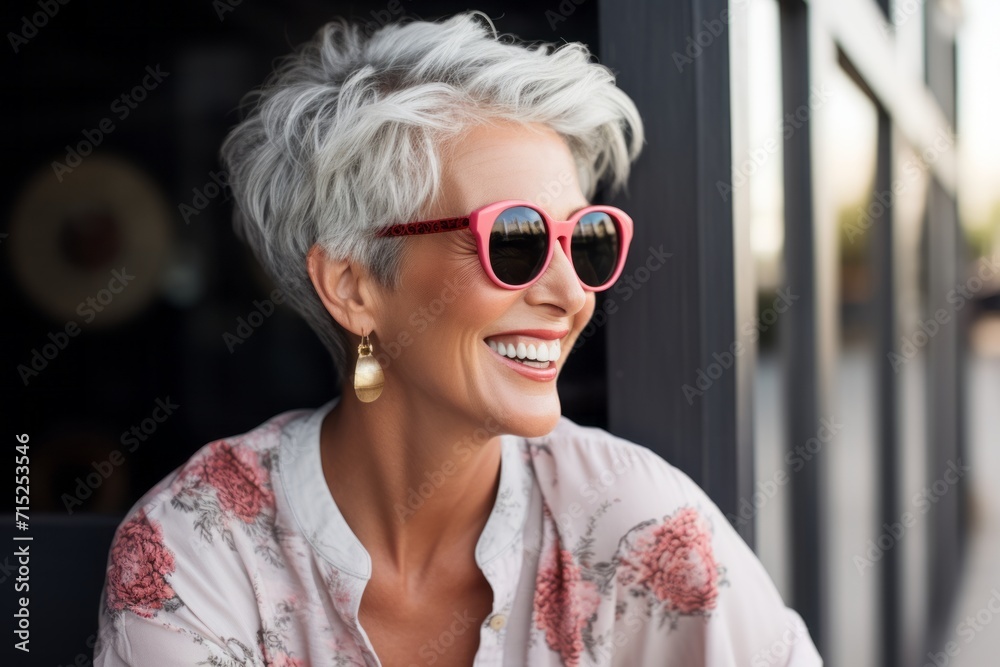 Beautiful middle aged woman with short gray hair wearing sunglasses and smiling at the camera Beautiful middle aged woman with short gray hair wearing sunglasses and smiling at the camera