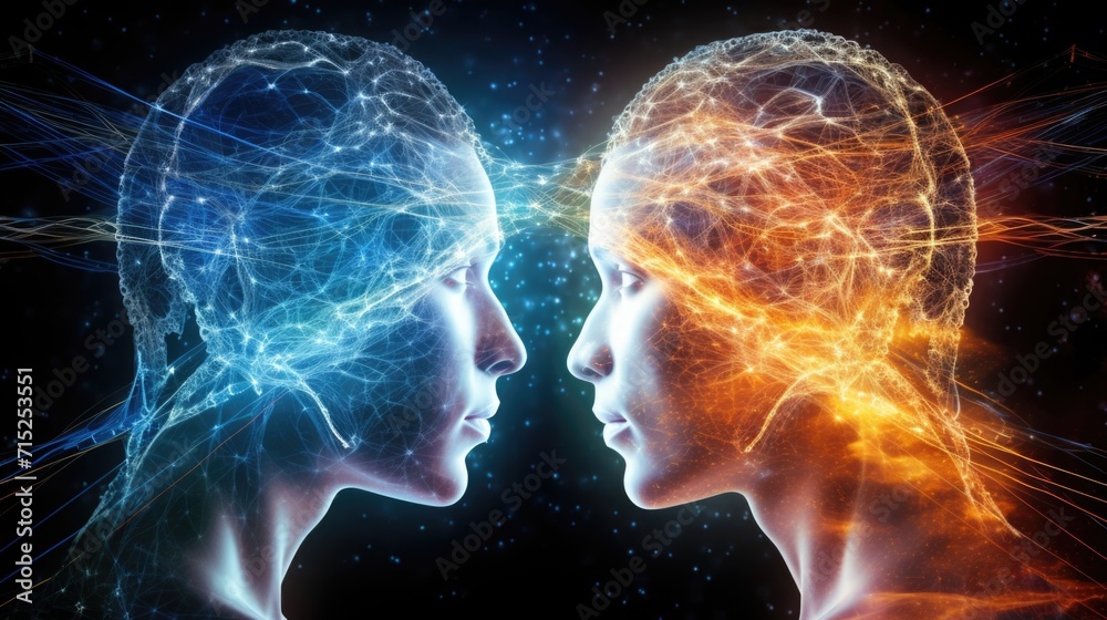 A graphic representation of two individuals communicating through quantum telepathy via entangled brain waves. - obrazy, fototapety, plakaty 