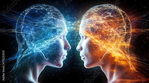 A graphic representation of two individuals communicating through quantum telepathy via entangled brain waves.
