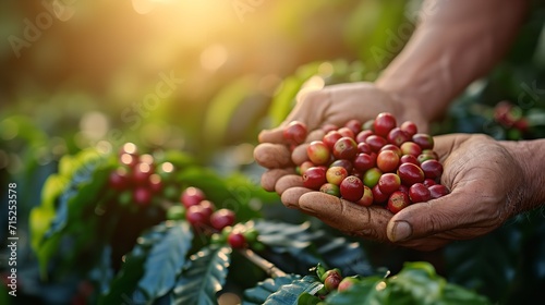 Closeup of a farmer harvesting a raw coffee bean from a tree in a farm, Generative AI. photo
