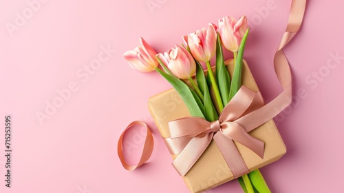 A gift box, ribbon and flower on pink background, with copy space