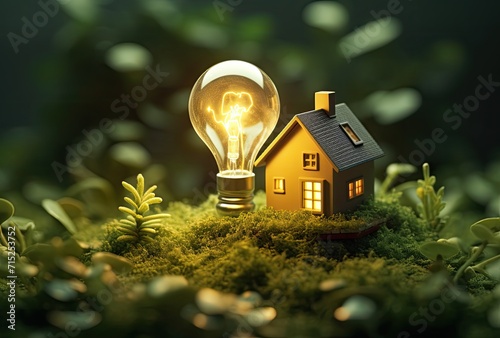 A light bulb embedded in the grass with the world inside, symbolizing the concept of saving the world and promoting clean energy. photo