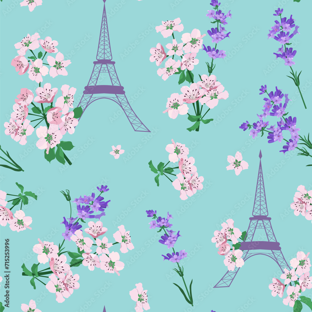 Seamless vector illustration of a stylized Eiffel tower with lavender and with cherry blossoms