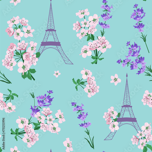 Seamless vector illustration of a stylized Eiffel tower with lavender and with cherry blossoms