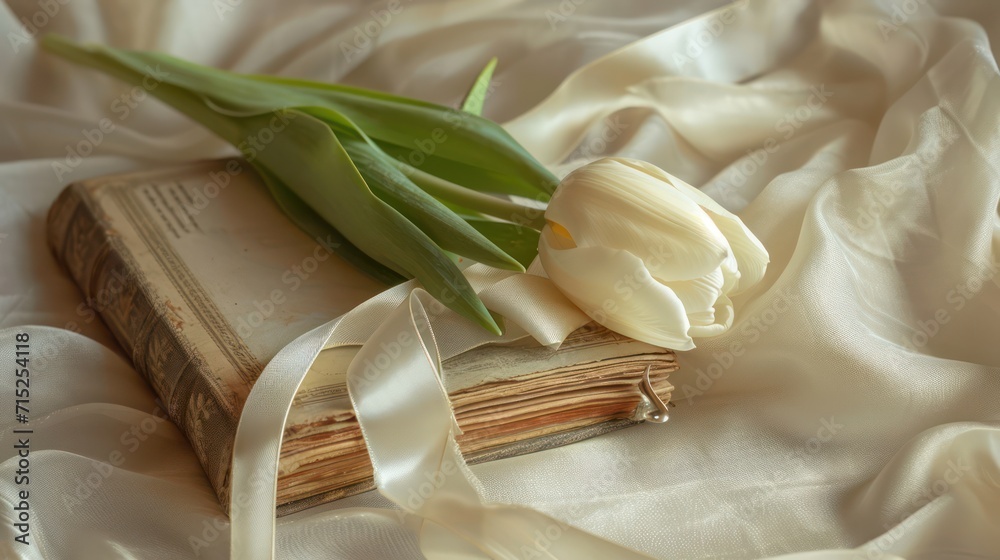 A ancient book ribbon and a flower on soft silk. Romance concept A ancient book ribbon and a flower on soft silk. Romance concept