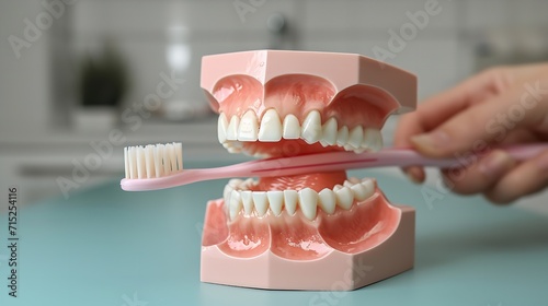 Dental jaw model with brush a concept of oral hygiene in a clean surface, Generative AI. photo