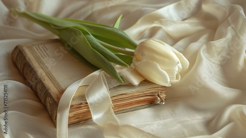 A ancient book ribbon and a flower on soft silk. Romance concept