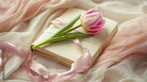 A ancient book ribbon and a flower on soft silk. Romance concept