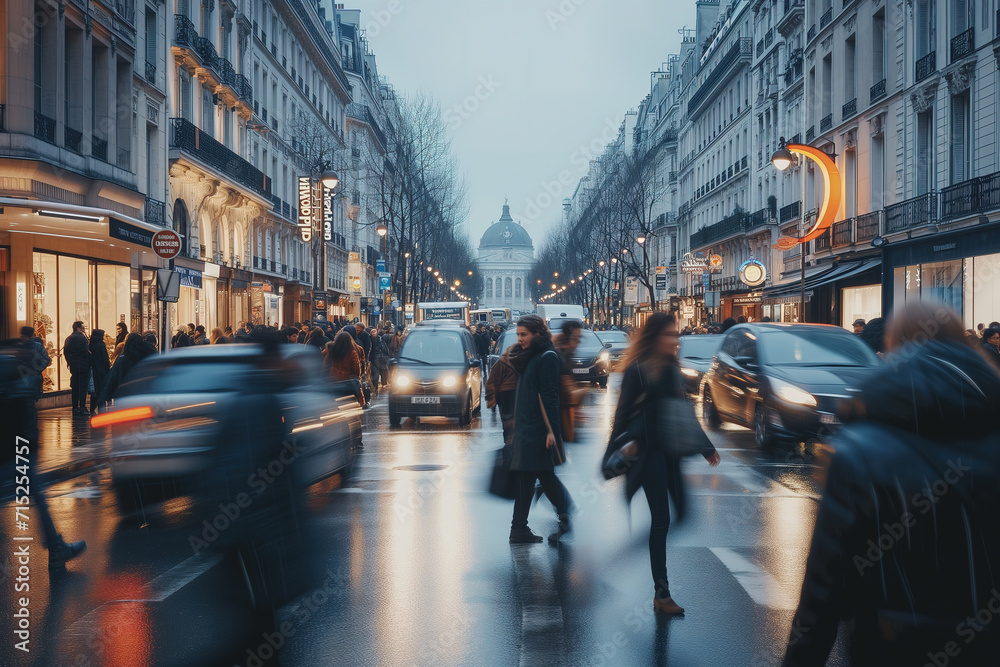 A busy street in a city, with business people walking, cars driving, and high speed motion blurred the city background.