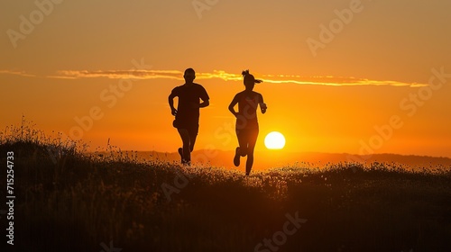 Silhouettes of man and woman running at sunset