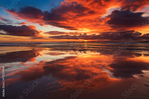 A stunning image of a vibrant sunset with clouds reflected on the wet sand during low tide