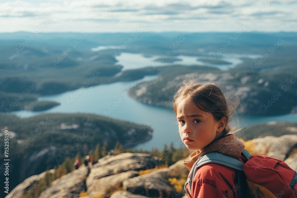 Young girl hiker with a backpack overlooking a serene mountain lake