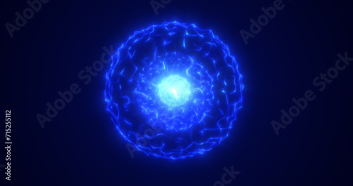 Abstract glowing looped light energy blue sphere atom from lines of wave dots and particles abstract background