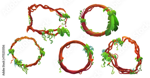 Liana branch frames with green leaves set isolated on white background. Vector cartoon illustration of twisted jungle plant vines with foliage, game borders for ui design, exotic tropical garden