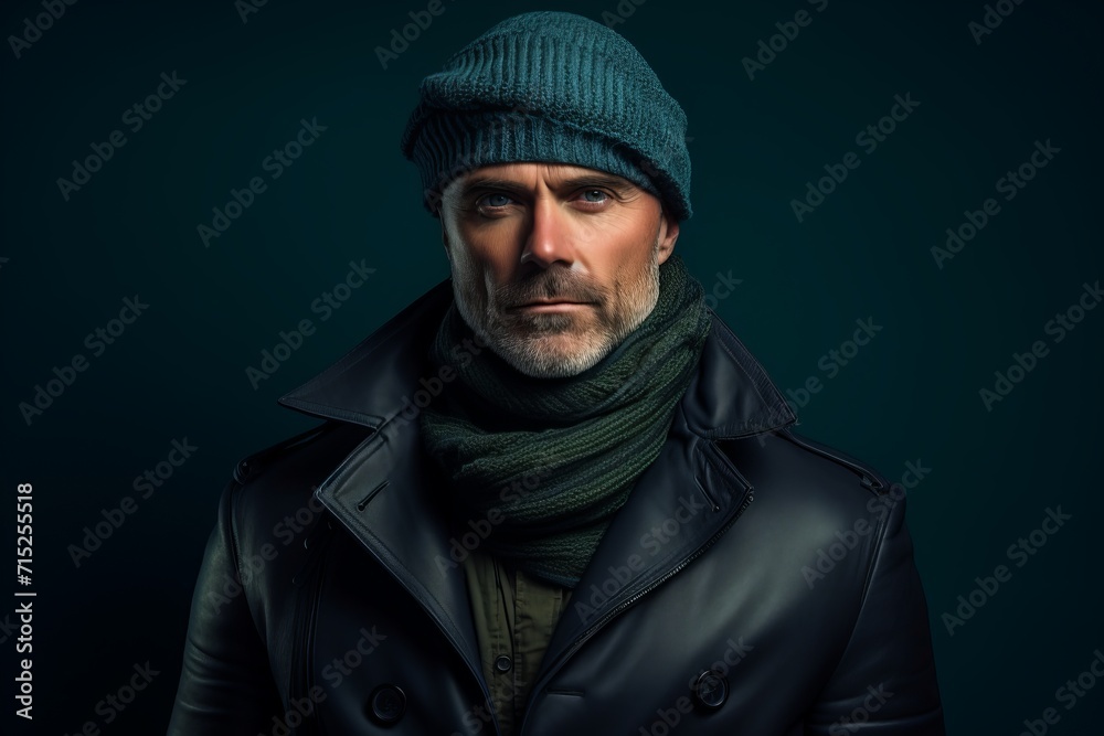 Portrait of a handsome bearded man in a winter hat and jacket. Men's beauty, fashion.