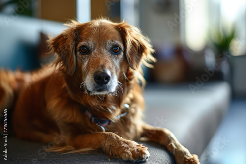 A dog waits alone in a veterinary clinic.