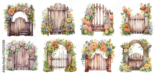 Fototapeta Naklejka Na Ścianę i Meble -  Set of watercolor vintage floral gate Sticker, Clipart, PNG, generated ai