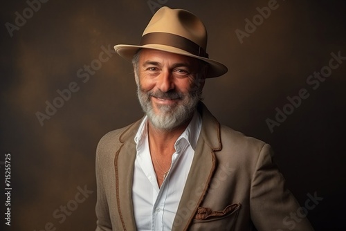 Portrait of a happy senior man in a hat. Studio shot.