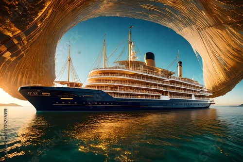 A magnificent passenger ship sails across the seas, transformed into a captivating little planet format in this AI-generated stock photo.

 photo