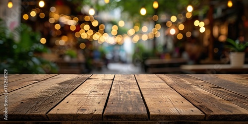 Empty wooden table and abstract bokeh light of blurred food market outdoor background. For product display, generative ai