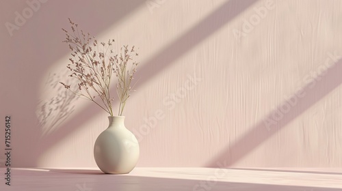 Minimalist interior decor with ceramic vase and dry plant  minimal shadows on the wall neutral pink 3d rendering aesthetic background