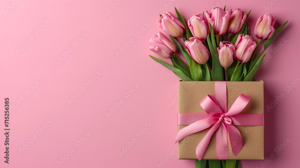 Hued pink backdrop with a pink bouquet of tulips and a giftbox in the top view, space, Generative AI.